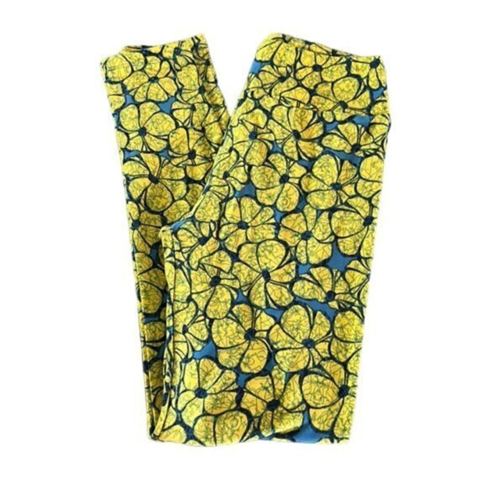 Women's Lularoe Yellow Blue Floral Flowers Leggings Size O/S EUC #1187